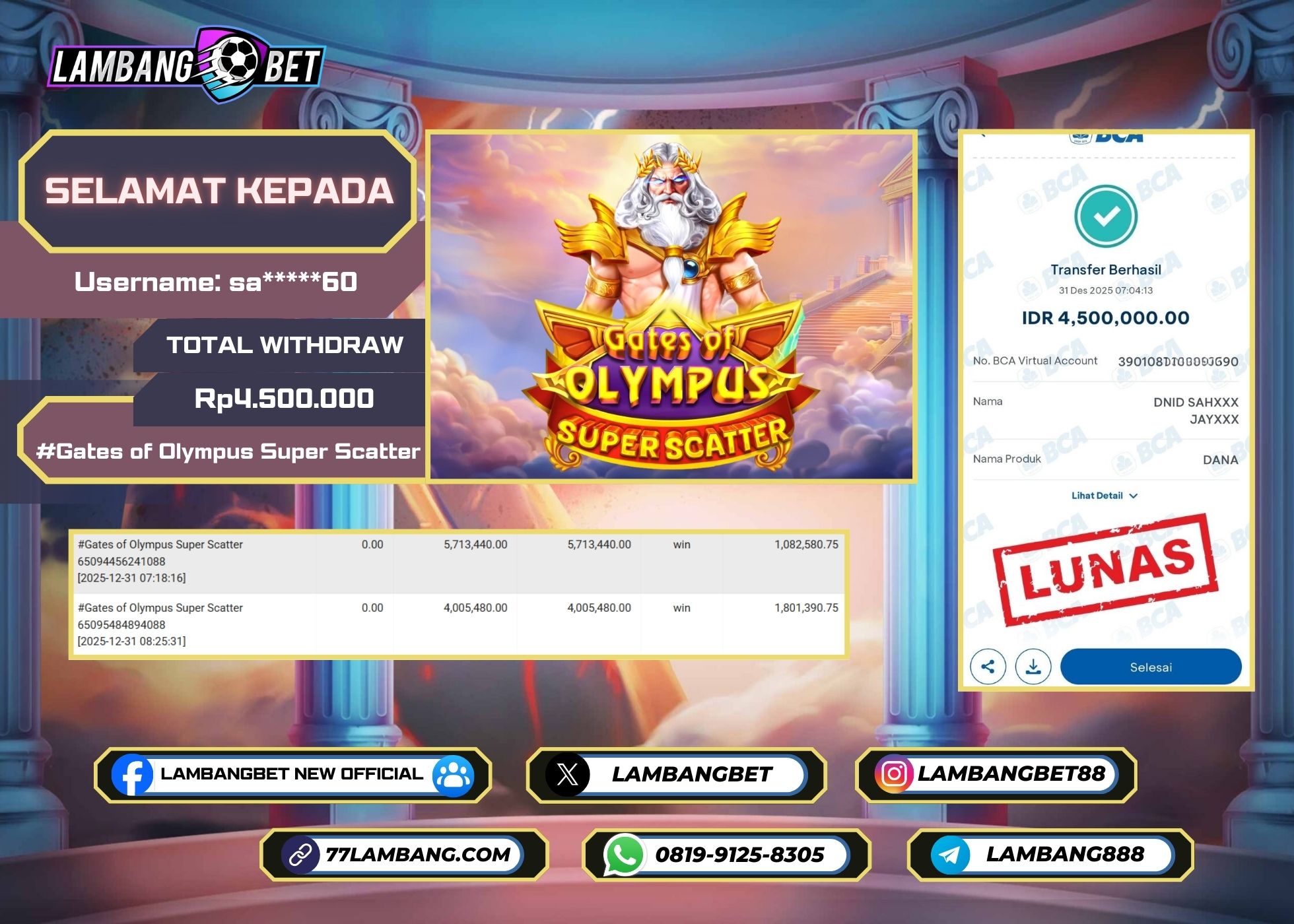 LAMBANGBET [31 DESEMBER 2025] JACKPOT SLOT Gates of Olympus Super Scatter "Rp4.500.000" LUNAS